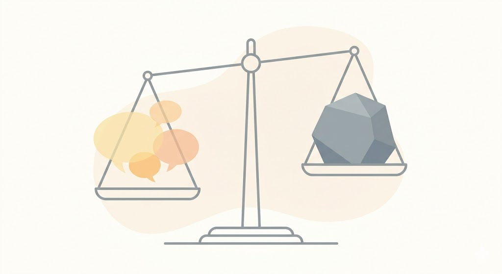 Conceptual illustration of a scale with a small 'word' bubble outweighed by a heavy solid stone representing 'action'