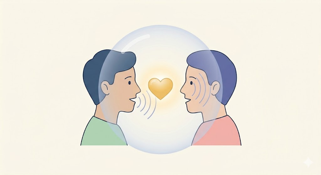 Simple illustration of two people talking with a safe shield surrounding them both