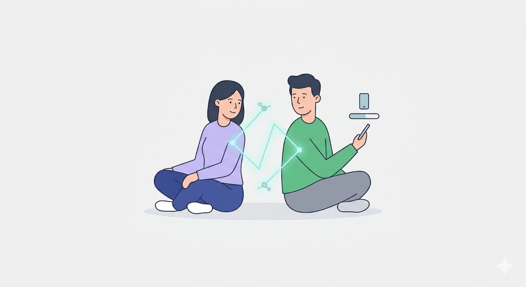 A minimalist illustration of two people connected by a glowing line with different nodes symbolizing attachment