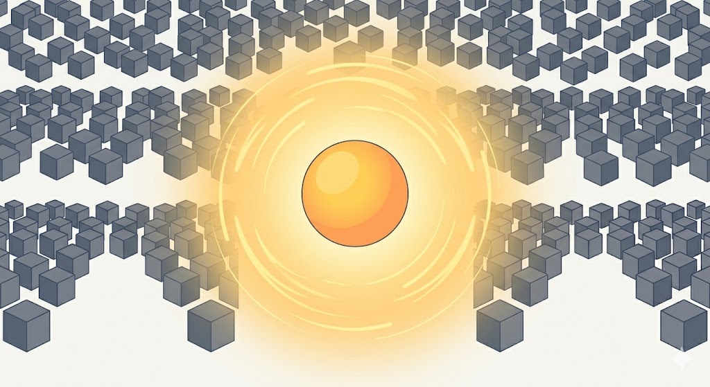 A minimalist illustration of a single bright light among many dim, identical shapes