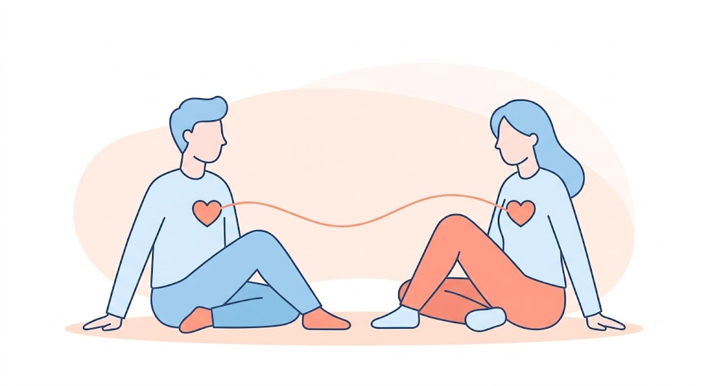 Minimalist line art of two people sitting simply, showing genuine openness without barriers
