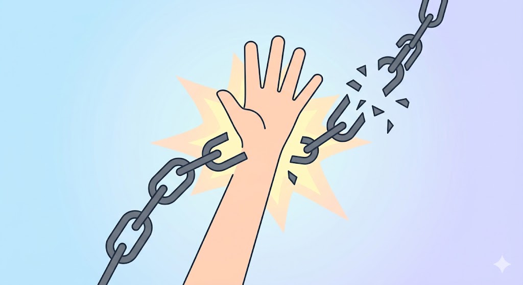 A minimalist conceptual art piece showing a hand holding a pen, turning a heavy iron chain into a flight of birds