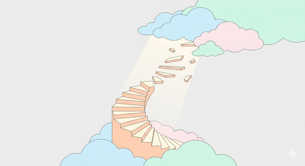 A minimalist illustration of a staircase that leads into empty clouds, showing a path to nowhere.