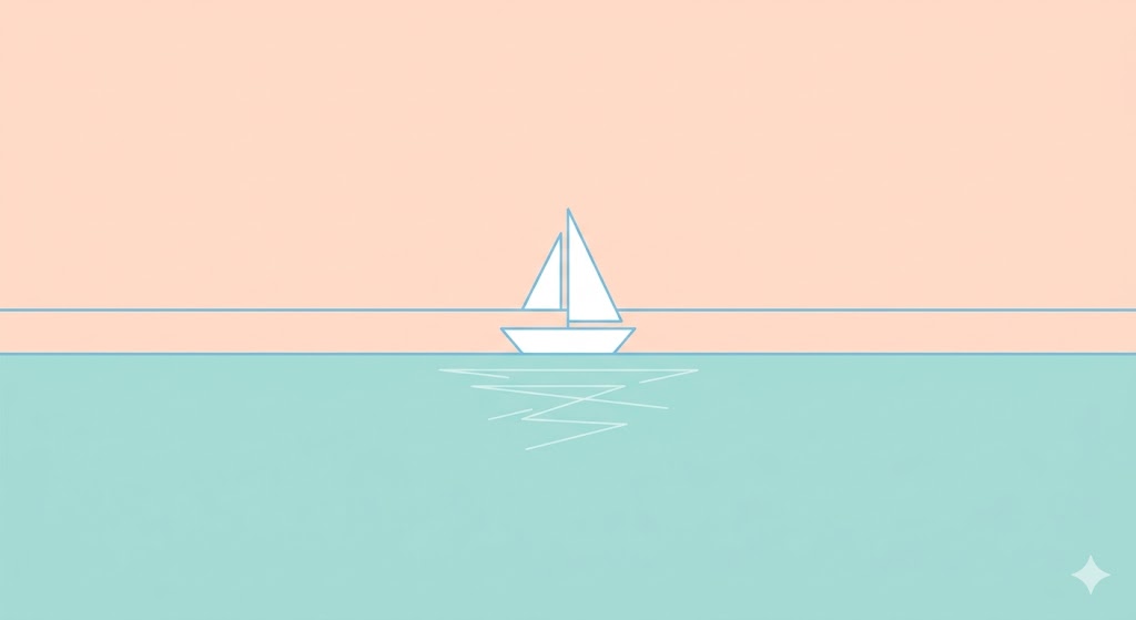 Minimalist conceptual illustration of a calm ocean and a steady horizon line