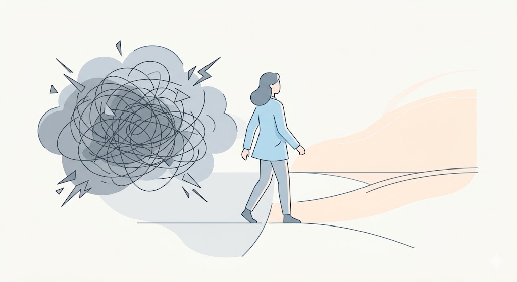 Minimalist illustration of a person stepping out of a grey cloud into a bright, open horizon