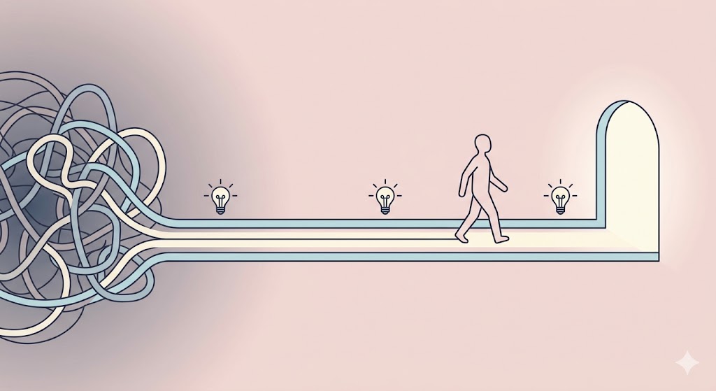 A minimalist illustration of a straight path leading to a bright horizon, symbolizing clarity