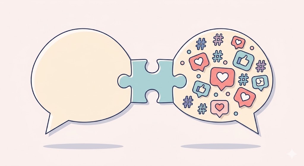 A minimalist drawing of two speech bubbles connected by a puzzle piece, one bubble is empty and the other is overflowing with digital icons