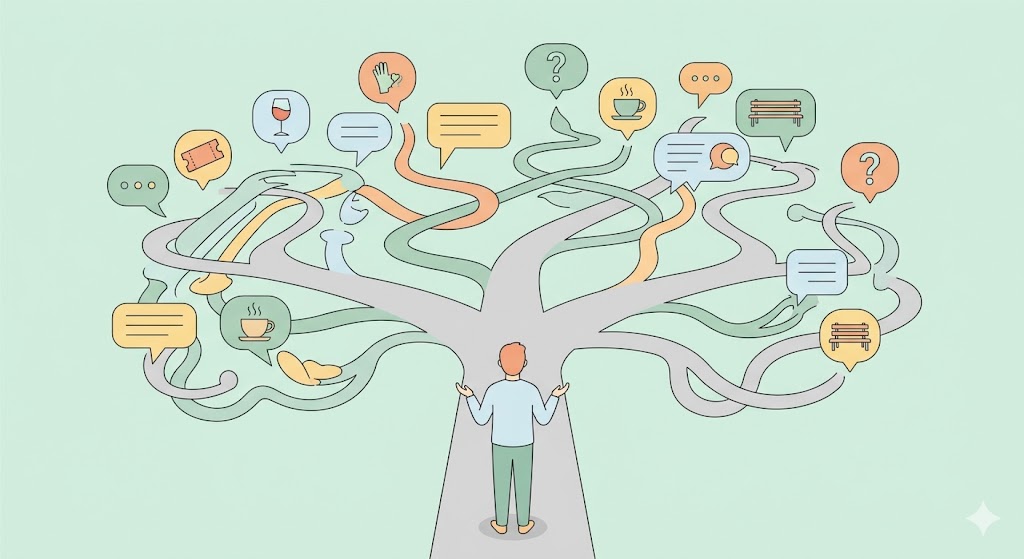 A minimalist conceptual illustration of a person overwhelmed by multiple floating choice bubbles, representing decision fatigue