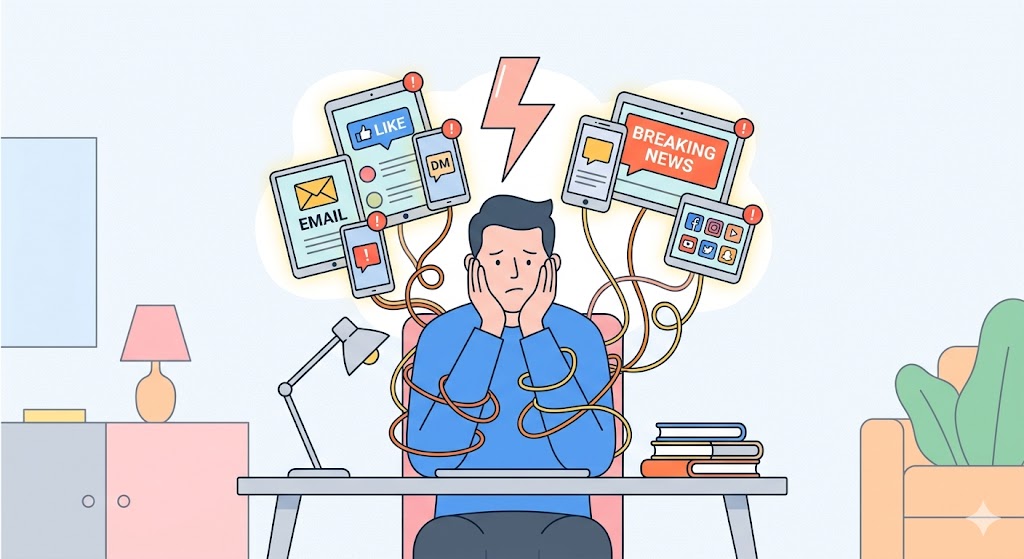 Conceptual minimalist illustration of a person feeling overwhelmed by notification bubbles