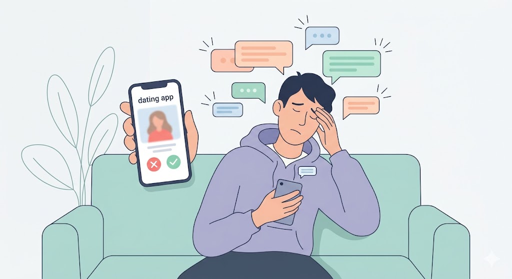 A simple conceptual drawing of a person looking at a phone screen with fading icons, representing digital burnout