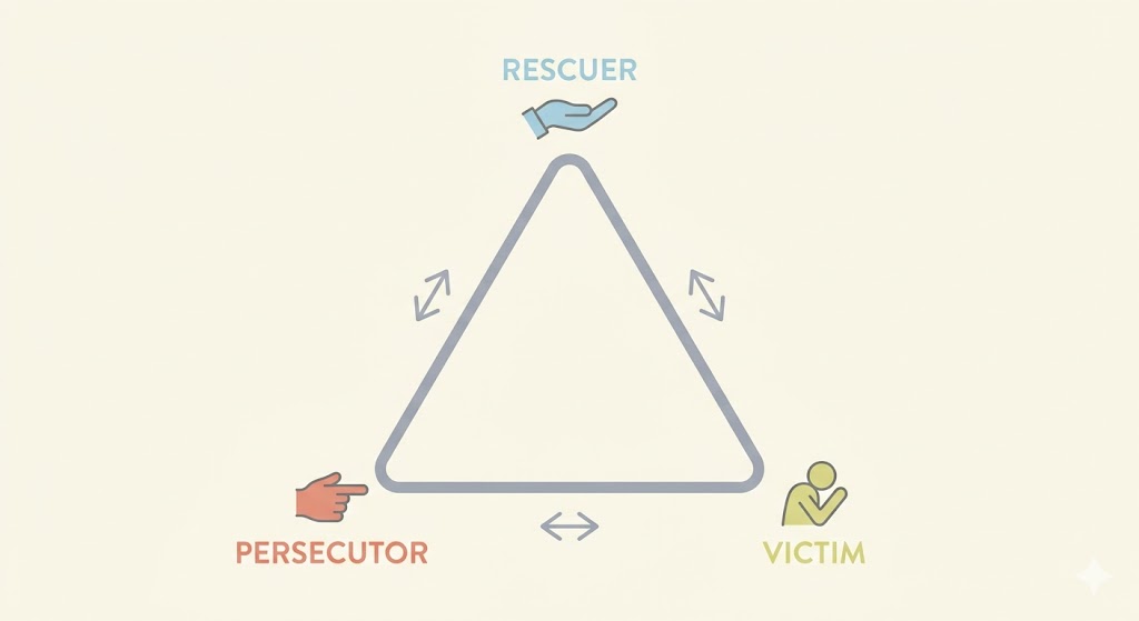 A minimalist conceptual diagram showing three points of a triangle: Rescuer, Victim, and Persecutor