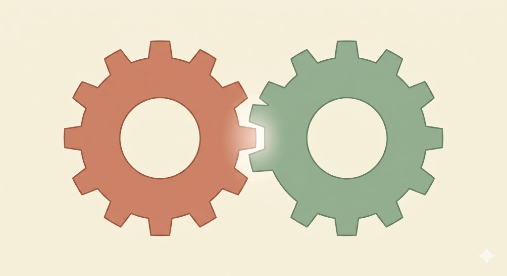 A minimalist illustration of two interlocking gears of different colors, symbolizing mechanical harmony and psychological alignment during friction