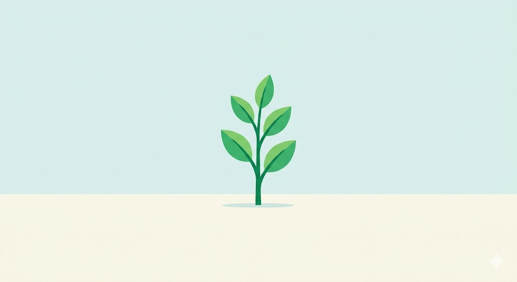 A minimalist illustration of a single, vibrant plant growing in a vast, calm space, symbolizing self-sufficiency and growth