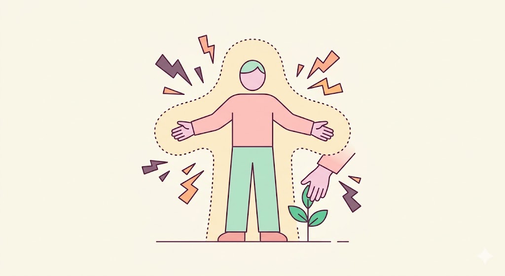 Minimalist conceptual illustration of a person stepping away from a fading shadow toward a bright light