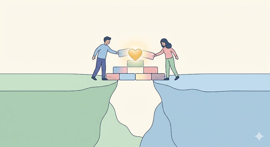 Minimalist illustration of two figures building a bridge out of glowing blocks