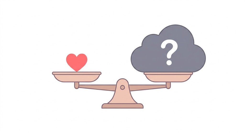 A minimalist conceptual illustration of a scale balancing a small heart against a heavy, clouded question mark