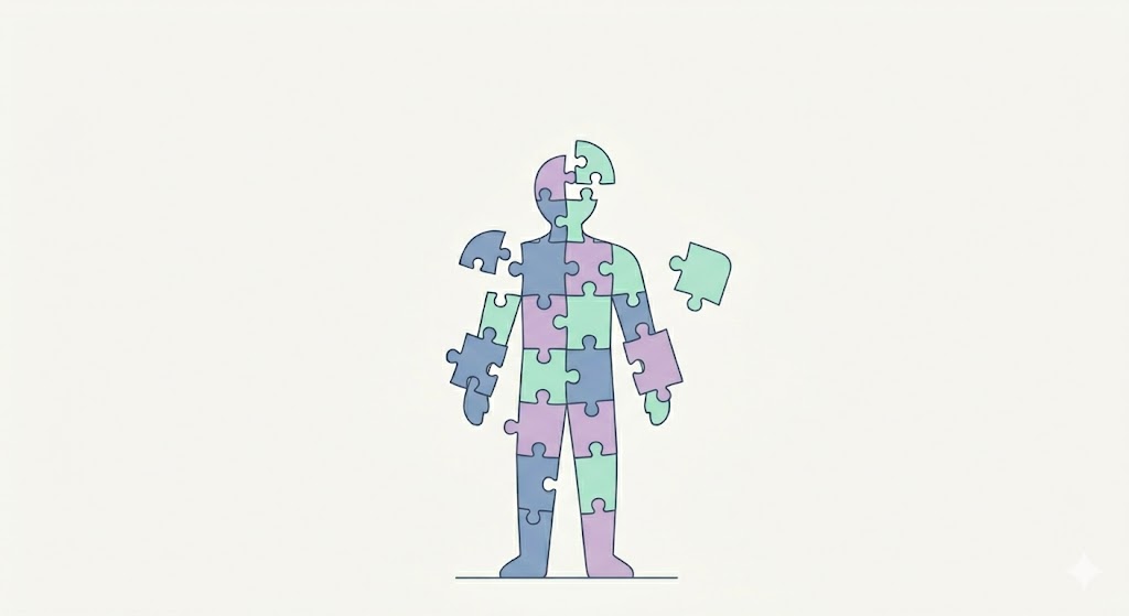A minimalist illustration of a person made of puzzle pieces that don't quite fit together