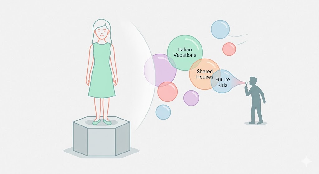 A minimalist illustration of a person standing firmly on a solid rock while colorful bubbles float away in the wind.