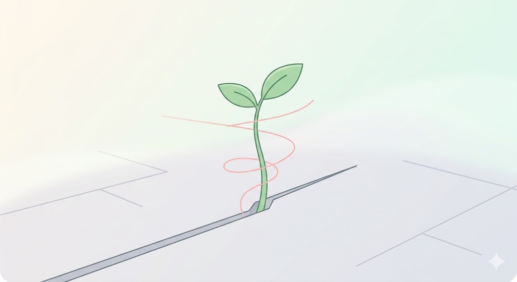 Minimalist conceptual illustration of a small plant growing slowly through a crack in the pavement