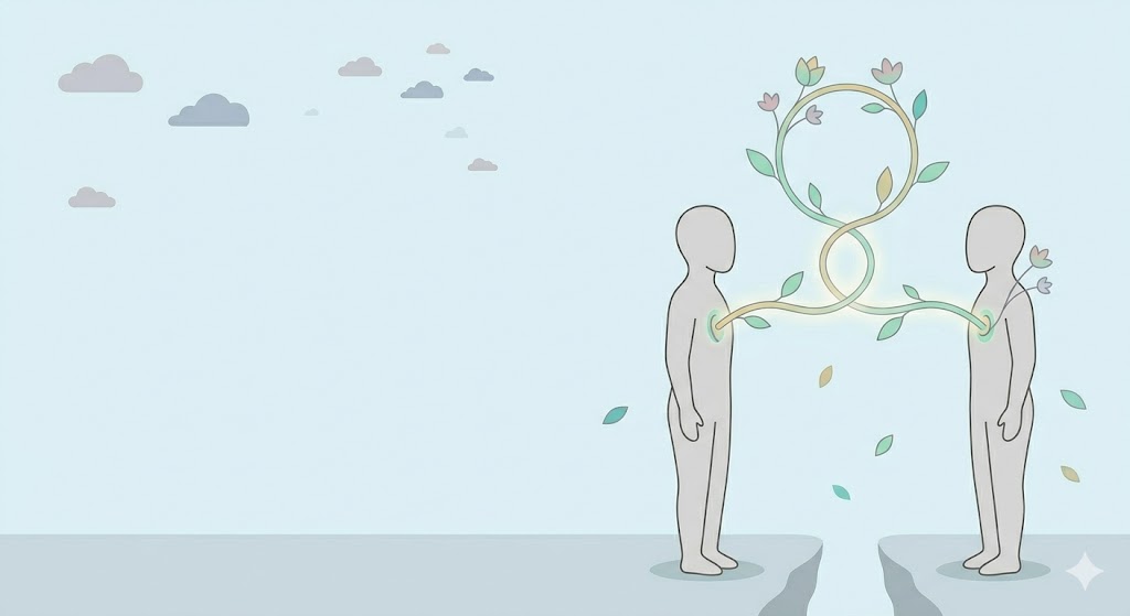 A minimalist conceptual illustration showing two figures building a bridge of light, representing trust and communication