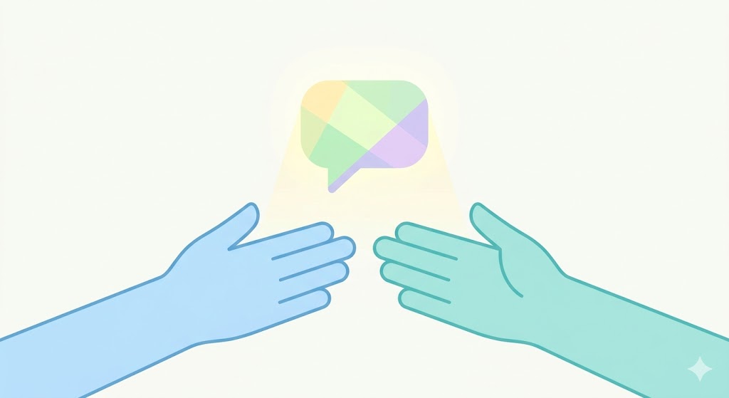 A minimalist graphic of two hands reaching toward a central speech bubble