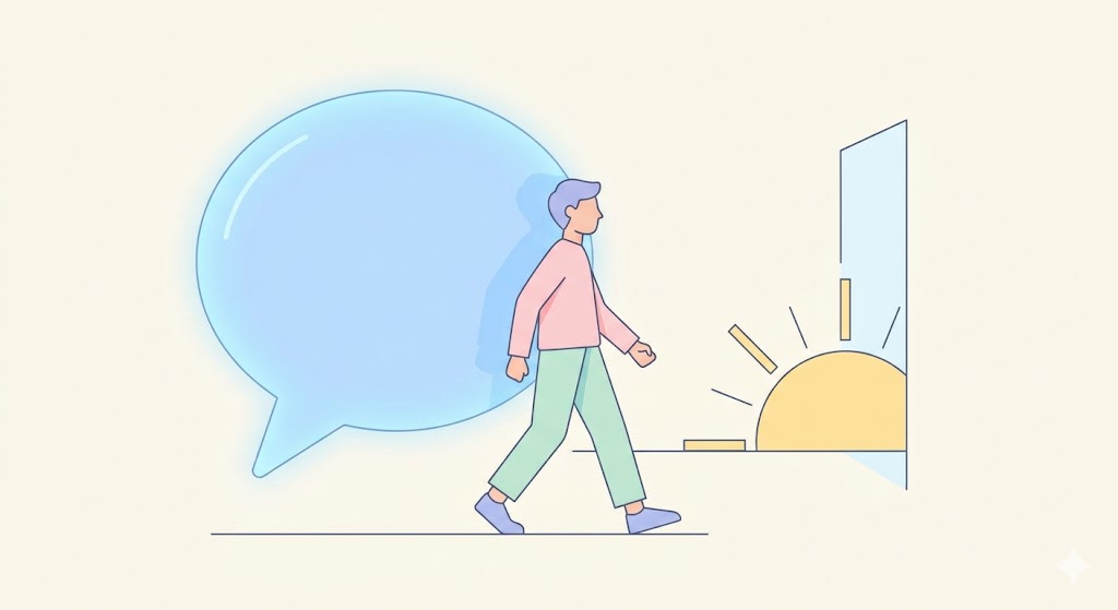 A minimalist illustration of a person stepping out of a digital chat bubble into a sunlit open space