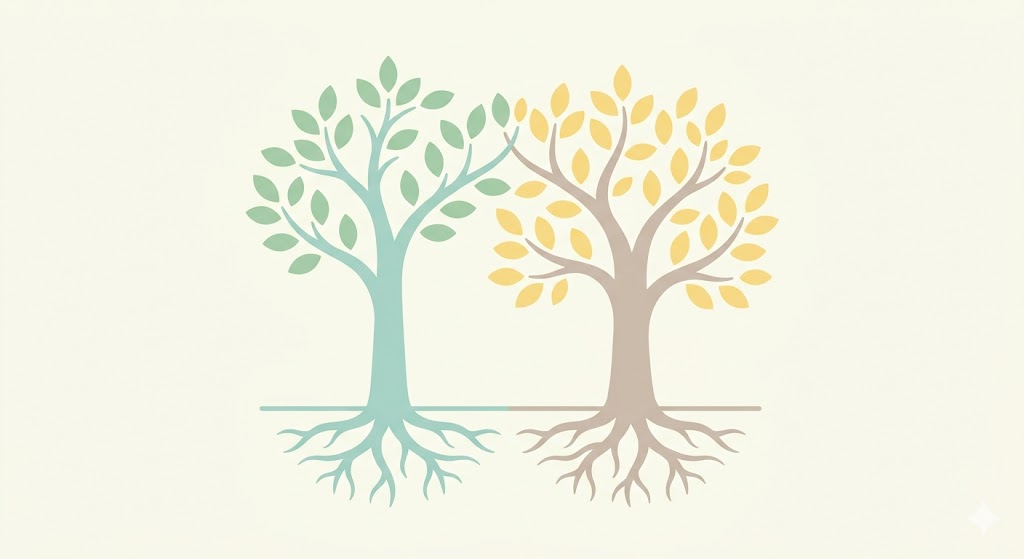 Two distinct trees standing side-by-side with separate root systems but touching branches