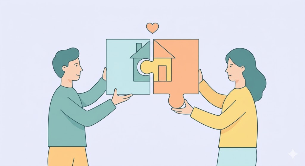 A minimalist illustration of two people side-by-side, both holding a piece of a puzzle that forms a house