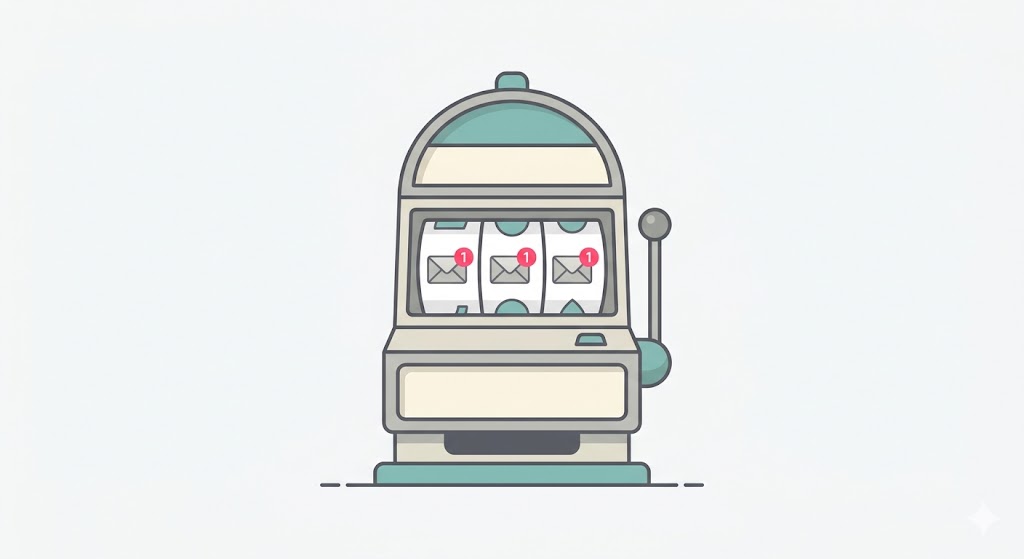 Minimalist illustration of a slot machine with a notification icon on the screen instead of symbols
