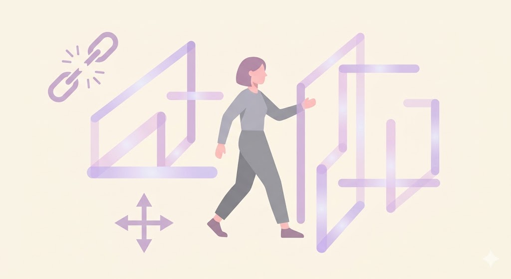 Minimalist illustration of a person walking through a maze of shifting, translucent lines