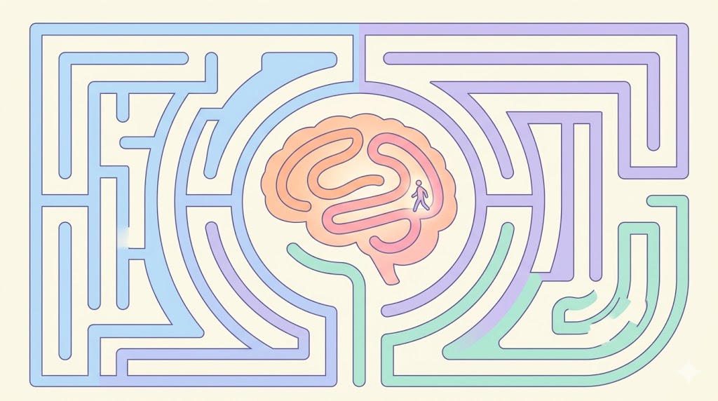 A minimalist conceptual illustration of a person following a glowing thread into a dark, abstract maze