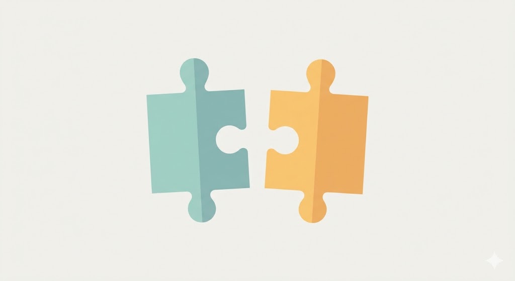 A conceptual minimalist drawing of two contrasting puzzle pieces that don't fit together, symbolizing cognitive dissonance.