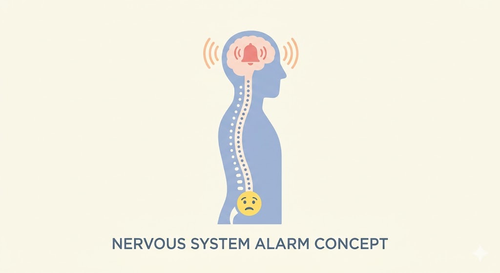 A minimalist conceptual illustration showing a stylized human silhouette with a glowing red alarm light positioned where the heart is, surrounded by jagged blue waves representing anxiety.