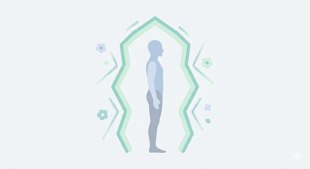 A conceptual minimalist drawing of a human silhouette with a protective, vibrating energy field around the heart