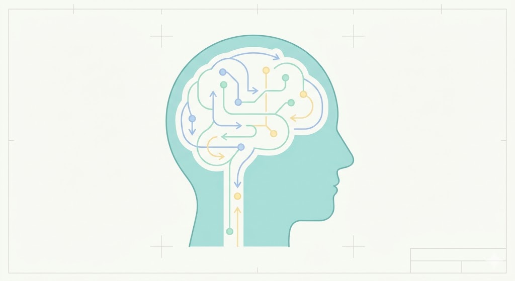 A conceptual minimalist drawing of a house blueprint where the lines transition into neural pathways and heart shapes