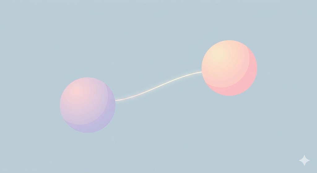 A minimalist conceptual illustration showing two abstract spheres connected by a thin, glowing thread, representing the delicate balance of connection