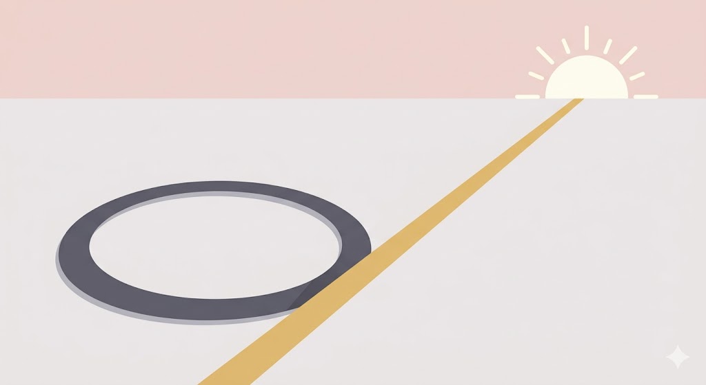 Minimalist illustration of a path splitting into two: one dark and circular, the other bright and leading to a sunrise