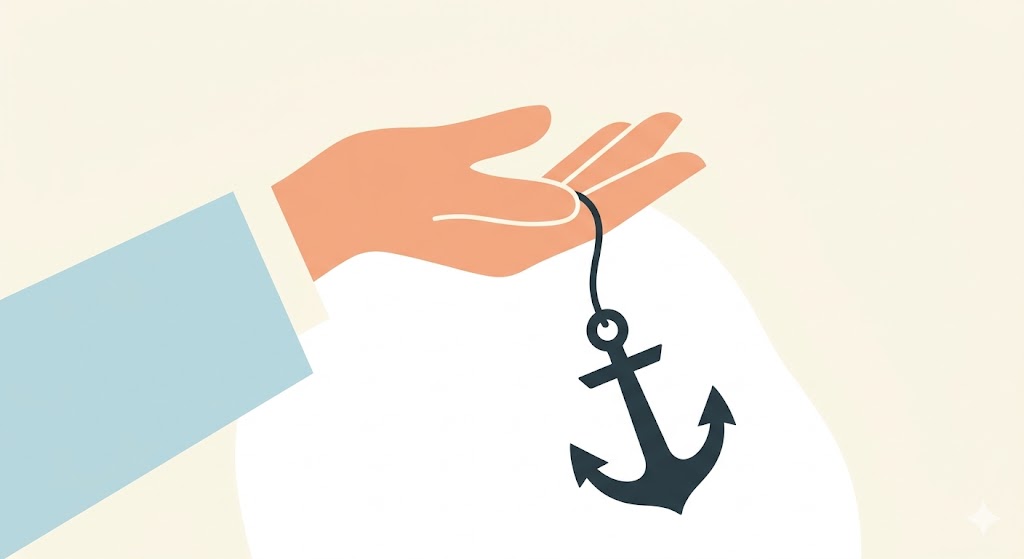 A minimalist illustration of a hand letting go of a heavy anchor and floating upward, symbolizing emotional release.