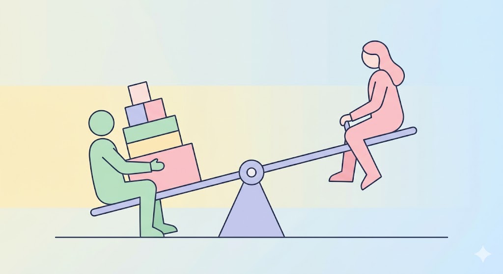 A minimalist illustration of a seesaw where one person is heavily weighed down by tasks while the other is floating in the air