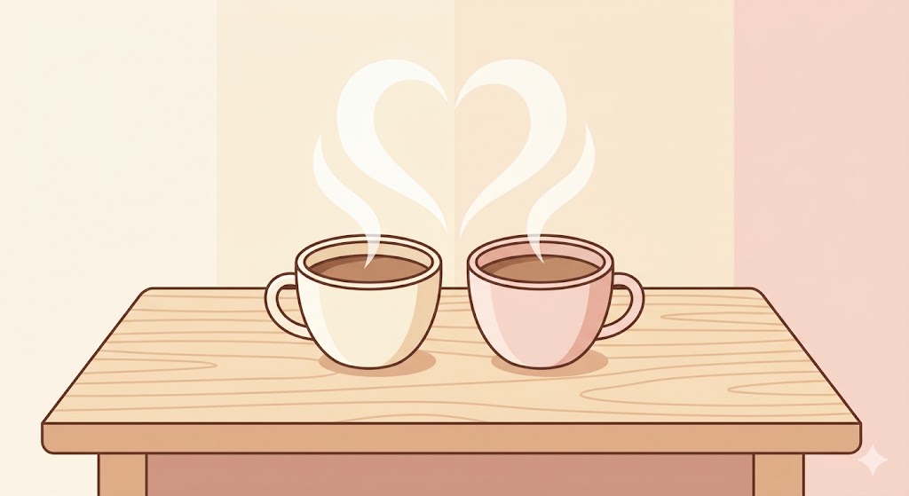 A minimalist illustration of two coffee cups with steam forming a heart shape, with no phones visible on the table