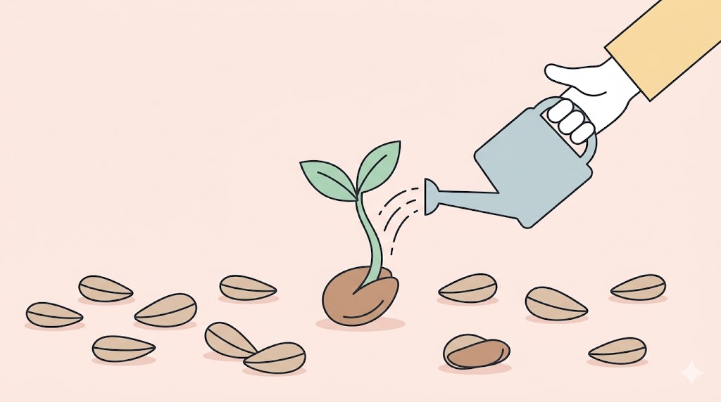 A minimalist illustration of a single seed being watered, contrasting with many scattered unplanted seeds