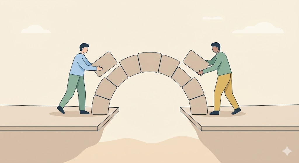 Minimalist illustration of two figures building a bridge between two separate platforms in a calm, neutral space.