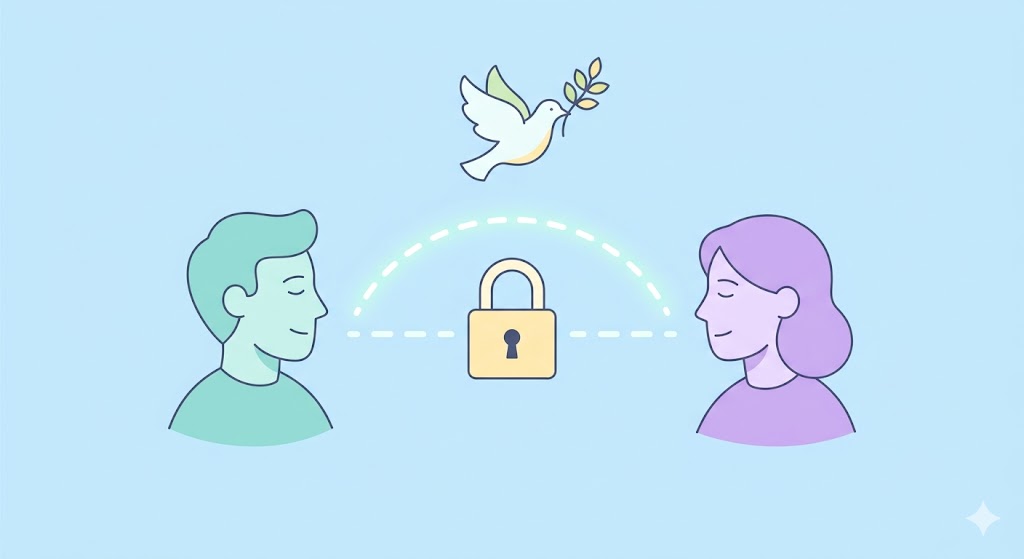A minimalist illustration of two hands meeting in the center, one passing a lightbulb to the other, set against a calm, soft sage green background.