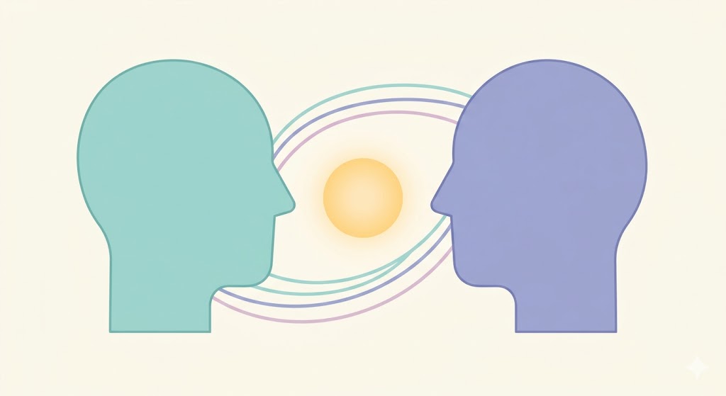 Minimalist illustration of two human profiles with a calm, glowing connection point between them