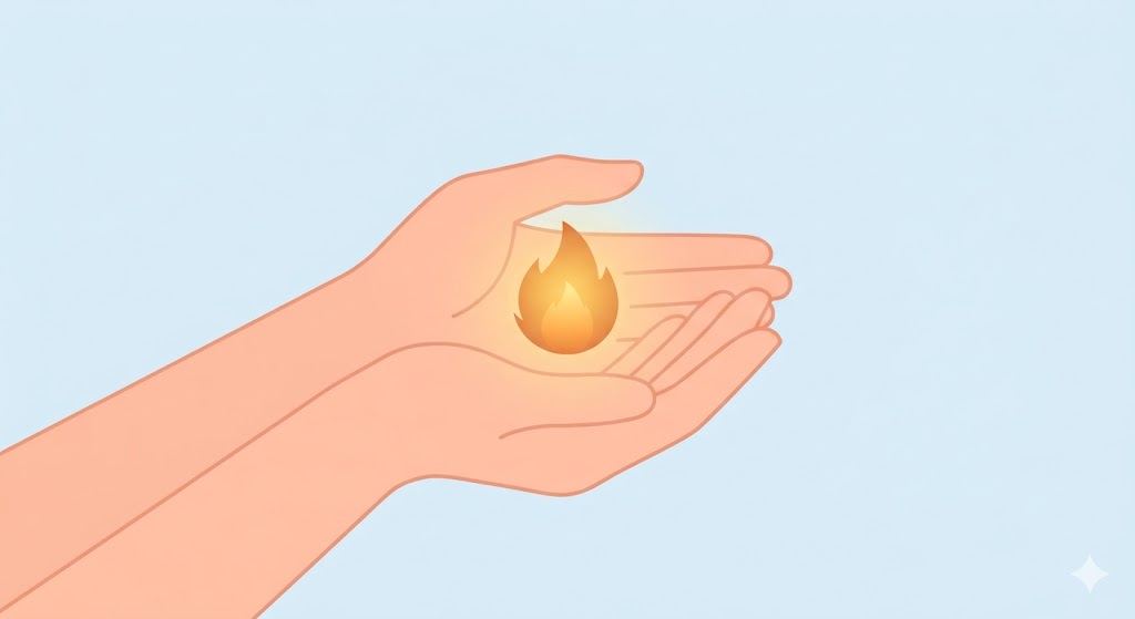 Minimalist illustration of a person holding a small, glowing ember with care and calm