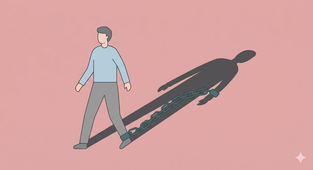 A simple illustration of two figures holding hands, but one figure's shadow is that of a different person, representing lingering past attachments.