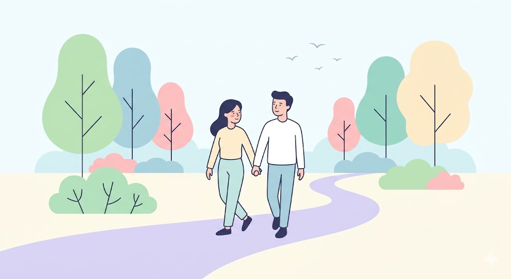 A minimalist illustration of two people walking side-by-side in a park, with speech bubbles showing shared icons like a heart and a lightbulb.