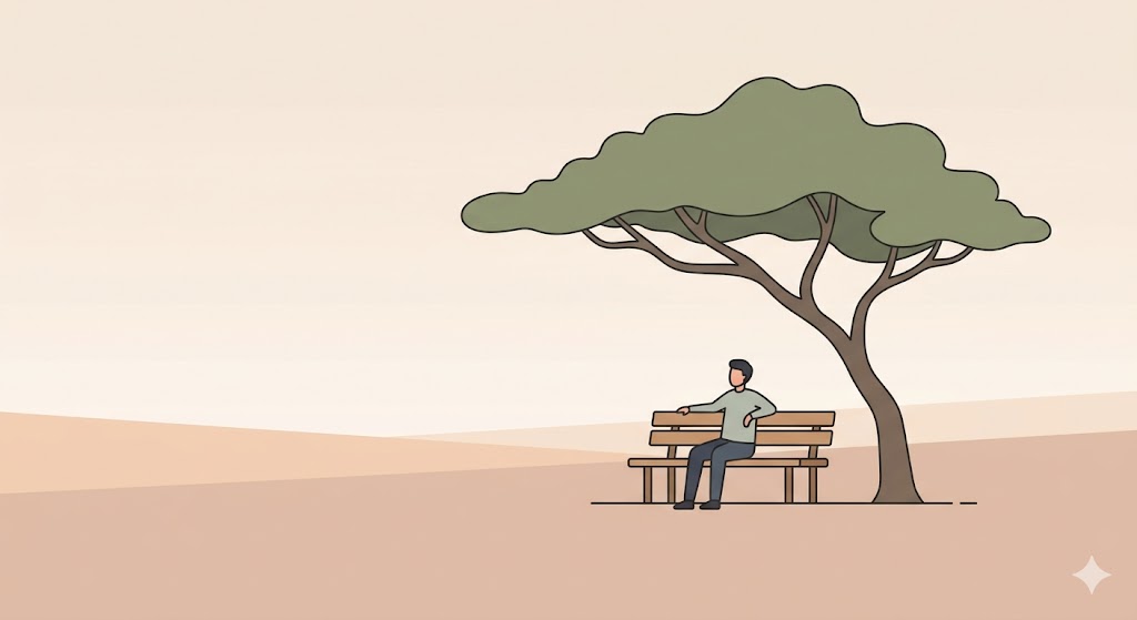 A minimalist illustration of a single chair facing a window with a sunrise, symbolizing the peace and strength of being alone.