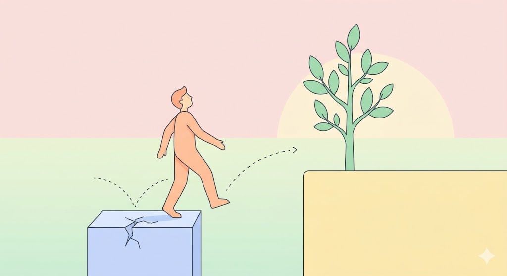 A minimalist illustration of a person stepping back from a garden, allowing plants to grow in their own space