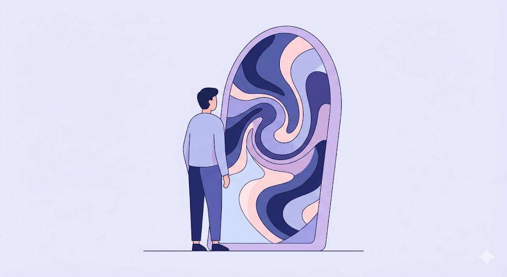 A minimalist illustration of a person looking into a mirror and seeing a complex web of ancestral roots instead of a reflection